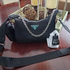 Prada Black Hobo Bag with Silver Chain
